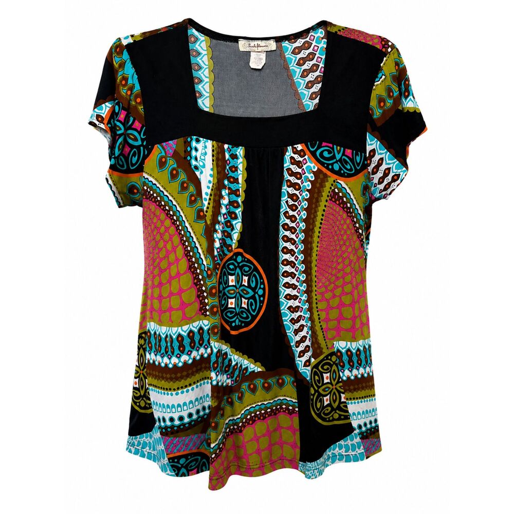 Sushiflower Women's 2X Multicolor Abstract Boho Short Sleeve Blouse